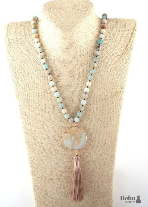 Boho Necklace, RH Amazonite Jasper, Circle Tassel Green White Natural Stone